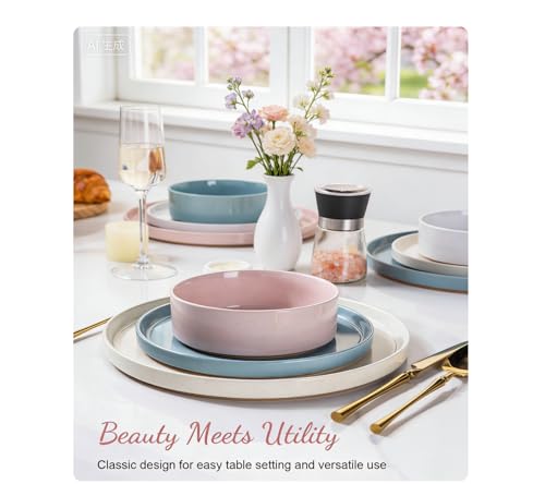 Image of AmorArc Ceramic Dinnerware Set for 4 | Handpainted Stoneware Plates and Bowls with Rustic unglazed terracotta | Scratch Resistant, Dishwasher & Microwave Safe Dishes Sets- 12-Pcs Colorful