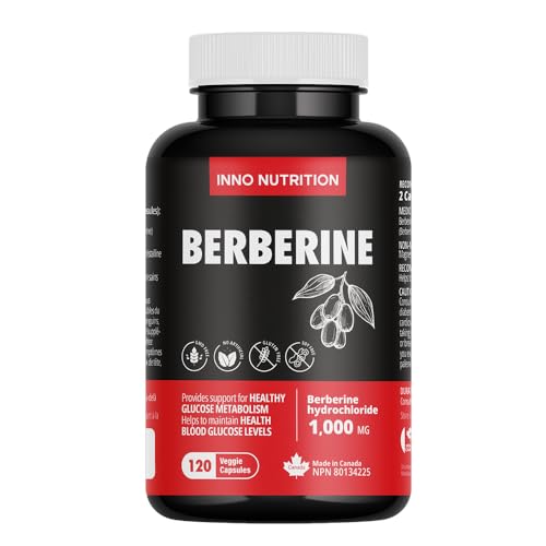 Inno Nutrition Berberine HCL 1000mg 120 Capsules (500mg per Capsule) High Potency Blood Sugar & Metabolism Support Non-GMO, Vegan,Gluten Free Made in Canada