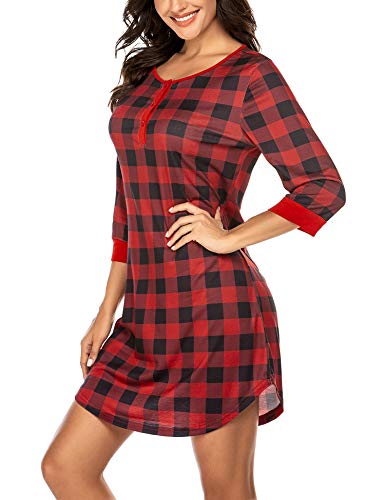 Ekouaer Nightgown Plaid Sleepwear For Women Button-Down Nightdress Soft Sleepshirt #TOP2