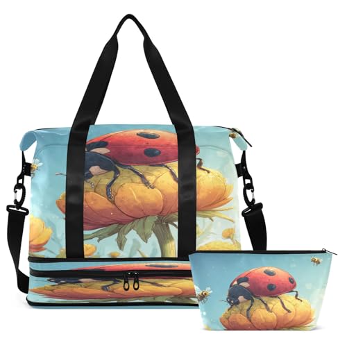 Bee Flower Yellow Duffel Bag for Women Men Gym Bag with Shoe Compartment Wet Pocket Carry On Weekender Overnight Bags for Travel Weekend Getaway