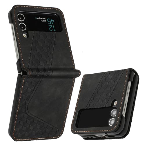 OKZone Kompatibel mit Samsung Galaxy Z Flip 3 Hülle, Handyhülle Samsung Z Flip 3, PU Leder Tasche Schutzhülle Flip Cover Klappbar Klapphülle Etui mit Silikon Bumper 360 Grad Lederhülle (Schwarz)