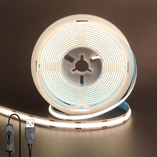 Image of 5V 8mm Width USB COB LED Strip Lights with Switch,Natural White 4000K,320LEDs /M,8W /M,CRI90,16.4FT /5M,Electroplated Double-Sided Panel Light Strip,Waterproof IP20,for Indoor Decoration