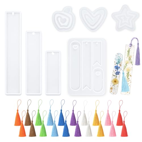 ZJO Resin Bookmark Mold Kit Silicone Bookmarks Molds Shapes Rectangle Star Heart Book Page with 20 Tassels Maker Molds for Epoxy Resin Casting DIY Crafts Gifts