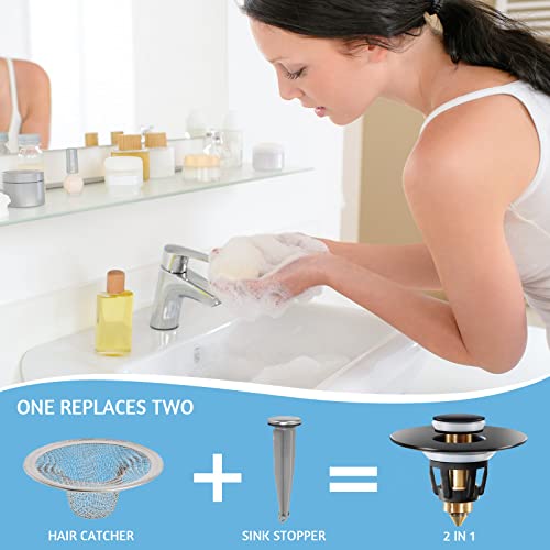 Image of QYHNYJF Black Bathroom Sink Stopper - Pop Up Drain Stopper & Sink Strainer, Universal Sink Plug for 1.1 inch to 1.5 inch Bathroom Sink Drain Pipes, Matte Black Finish