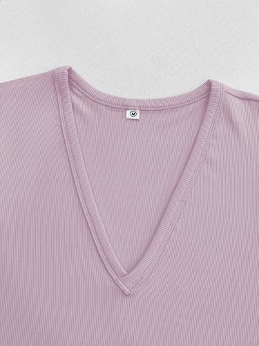 Image of Albe Rita Women Short Sleeve T-Shirt Cap V Neck Shirts for Women Ribbed Casual Top Knit Slim Fit for Summer