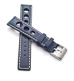 Schließe: Stahl gebürstet 22 mm Rallye Uhrenarmband blau, echt Leder mit Lochung Racing mit weißer Naht