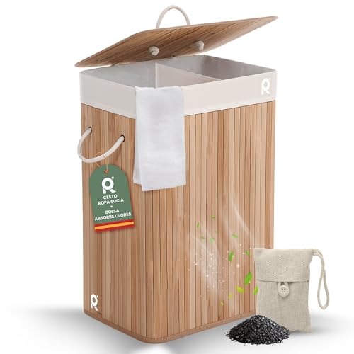 RAYROT Cesto Ropa Sucia 2 Compartimentos. Cesta con Tapa Cubo 72 L de Bambu (Natural) Laundry Basket Incluye Bolsa Antiolor Canasta Doble de Lavanderia Madera Colada