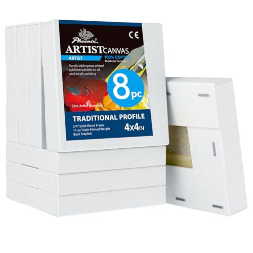 PHOENIX 4x4 Inch 8 Pack Artist Canvas - Small Square Stretched Canvases for Painting - 3/4 Inch Profile 100% Cotton 11 Oz. Gesso Primed White Blank Professional Canvas Oil & Acrylic Paints