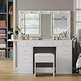 Vanity Desk with Power Outlet, Makeup Vanity with Lighted Mirror, 3 Lighting Modes Adjustable, 9 Drawers Vanity Set with Fold-up Panel, Glass Top, Vanity Table with Chair for Bedroom (White)