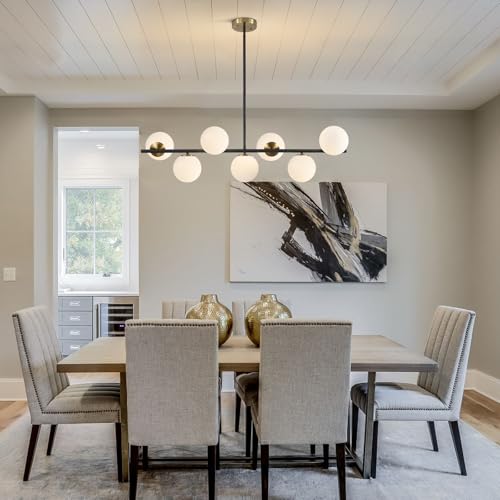 Image of KCO 43.3 inch Black Gold Linear Glass Globe Sputnik Chandelier for Dining Room | 7-light milk glass globe, mid century modern Linear Pendant, sloped ceiling compatible, for Kitchen island,living room, study