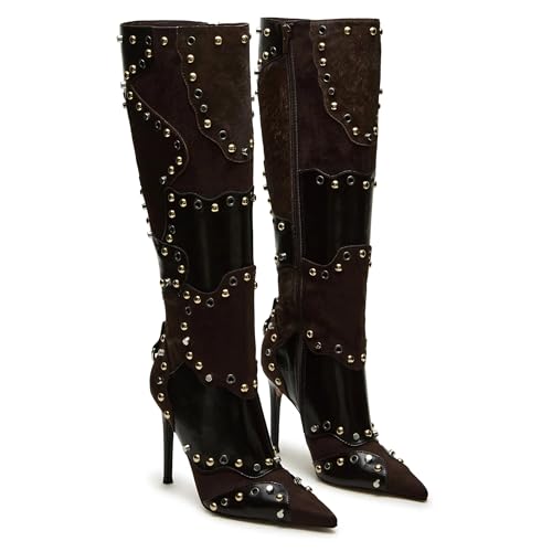 Knee High Boots Women Rivets Fall Tall Boots Pointed Toe Stiletto High Heels Side Zipper Party Dress Shoes 5