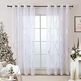 L.Z.E White and Silver Christmas Curtains for Living Room, See Through White Sheer Curtains 84 Inches Long 2 Panels Set, Grommet Transparent Window Drapes with Elegant Wave Patterns