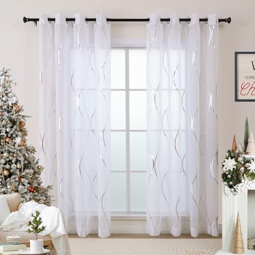 L.Z.E White and Silver Sheer Curtains for Living Room, See Throug...