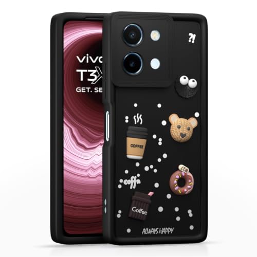 Image of Bintage Cute Fun Ball | Taddy Cartoon 3D Smiley Coffee Cup | Milk Donut | Full Camera Protection Back Cover Compatible for Vivo V2354A / Vivo Y200I 5G - Black