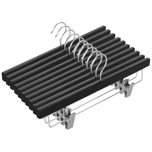 AMKUFO 20 grucce in legno massiccio per pantaloni, con clip regolabili, 35,5 cm, in legno nero, per gonne e pantaloni, con clip antiscivolo e gancio girevole a 360°
