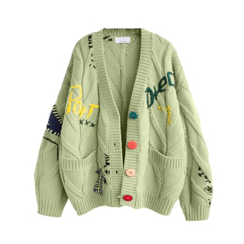 Image of chouyatou Women's Cable Knit Embroidery Patchwork Cardigan V Neck Long Sleeve Open Front Button Down Sweater