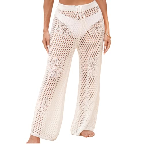 DaLingLam Womens Crochet Cover Up Pants Swimsuit Coverup Mesh Sheer High Waisted Drawstring Beach Pants (White, Medium)
