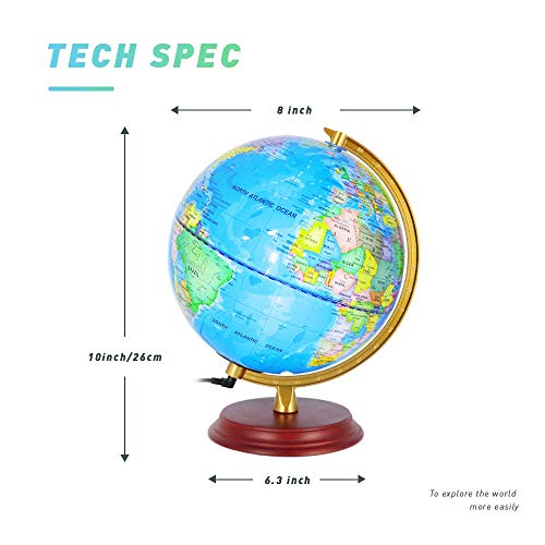 Illuminated Globe Lamp of The World with Stand - Size 8" - Globe for Kids Globe lamp Geographic Globe with LED Light Illuminated 2-in-1 Desktop World Globe Discovery Educational World Globe.