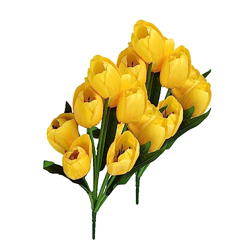 DSOUWEH 2pcs 9 têtes Bouquet Fleurs Artificielles Faux Tulipes Real Touch Mini Main De Mariée Faux Fleur pour Décoration Arrangements De Fête, Jaune/Grande Tête