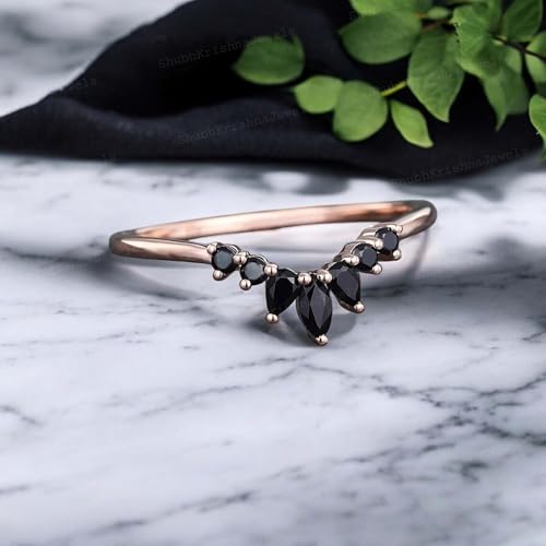 Black Onyx Women Anniversary Promise Band 18K Rose Gold Art Deco V Shape Band Natural Gemstone Bridal Wedding Jewelry Mother's Day Gift Band2