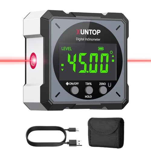 XUNTOP 4 * 90° Inclinomètre Numérique Rechargeable avec Laser Bilatérale Écran LCD IP54 Mesureur d'Angle Digital avec 4 Faces Magnétiques Niveau à Bulle...