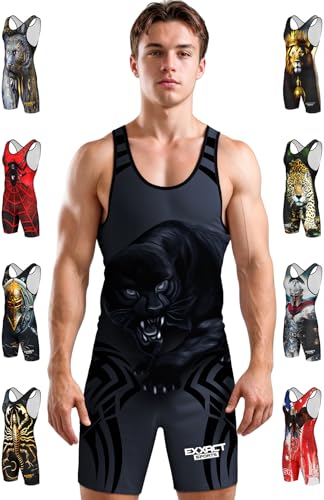 Exxact Sports Sublimated Men's Wrestling Singlet, High-Performance Powerlifting Singlet, Wrestling Singlets for Men (AL, Black Panther)
