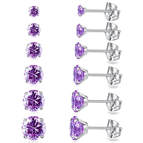 6 Pairs Stud Earrings Set Hypoallergenic Cubic Zirconia Earrings 316L Stainless Steel CZ Earrings 3-8mm (Purple CZ)