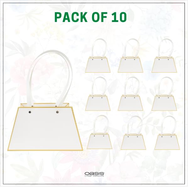 Image of Oasis Pack of 10 Flower Bouquet Gift Bags with Handles | Valentine's Day Gifting Bags for Her & Him | Goodie Bags for Wedding Return Gifts, Birthday, Bridal & Baby Shower | 13x13x10 cm | Gold & White