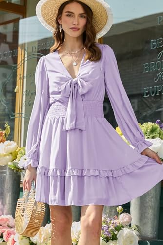 Image of Dokotoo Womens Casual Spring Fall 2025 Deep V Neck Knotted Tiered Chiffon Elegant Mini Short Swing Skater Dresses