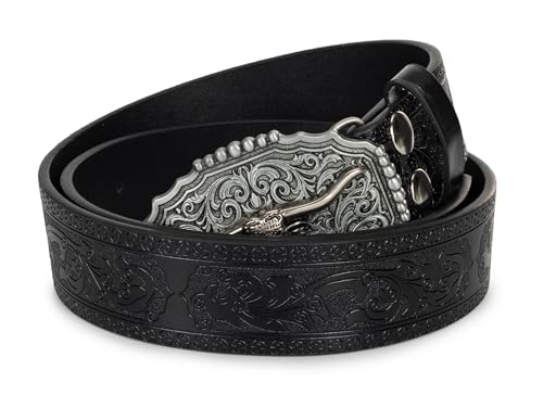 Image of Men's-Western-Leather-Belts Cowboy-Longhorn-Bull-Head-Buckle-Belt Floral-Engraved Waistband for Women