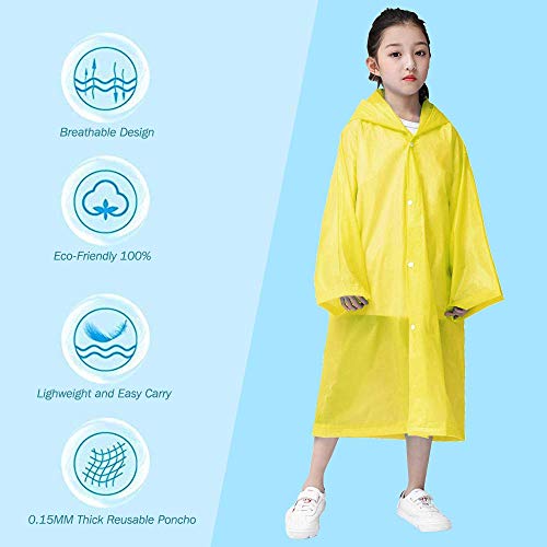Image of Rain Poncho for Kids Boys Girls - 2 Pack Reusable Waterproof Rain Coat Jacket for Teen Disney, Clear Pink Yellow Blue Purple