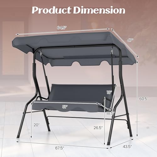 Image of Tangkula 3 Person Porch Swing, Patio Swing with Removable Cushion & Powder-Coated Steel Frame, Outdoor Swing with Canopy for Porch, Backyard, Garden, Balcony (Gray)