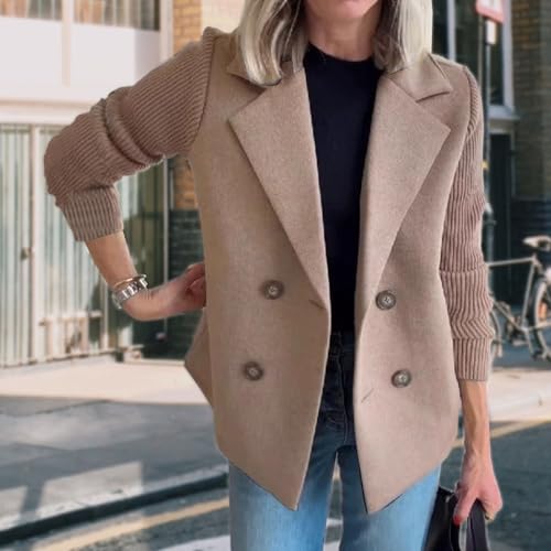 Women's Crop Trench Coat Jacket Lapel Button Patchwork Sleeve Knitted Pea Coat Casual Double Breasted Blazer Sweater3