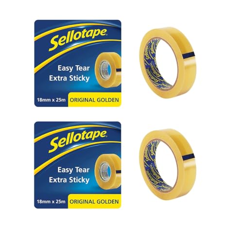 Image of Sellotape Original Golden Tape premium, strong, tear by hand tape ideal for office, school projects, art work, bonding of paper or card, wrapping presents, sealing lightweight boxes, 18 mm x 25 m*2