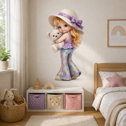 Image of Rangoli Cute Girl Teddy Wall Sticker 13 x 24 Inch Cartoon Kids Design Self Adhesive Wall Decor for Nursery Baby Room Kids Bedroom Playroom Wall Art