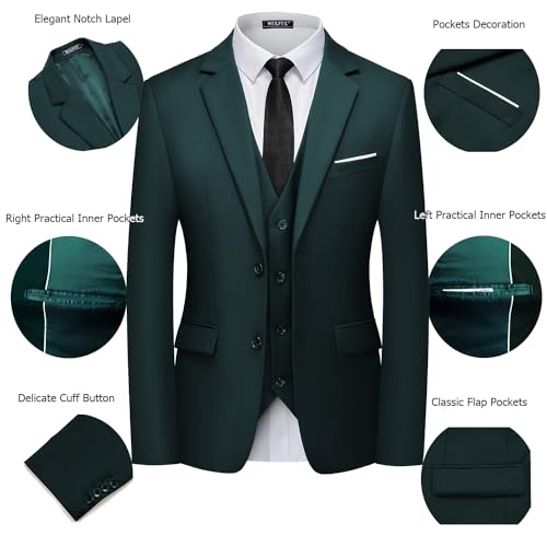 WULFUL Men\'s 3 Piece Slim Fit Suit Set Two Button Blazer Jacket Vest Pants Tuxedo Set for Party, Wedding and Business Blackish Green - Thumbnail 4