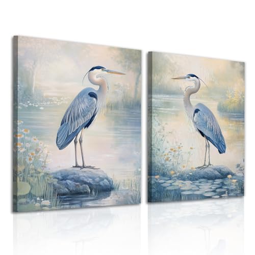 OAAPITI 2 Pcs Blue Heron Wall Art Watercolor Birds Canvas Print Nature Inspired Art for Living Room Coastal Home Decor