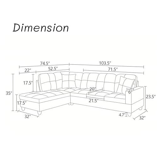 Image of L-Shaped Sectional Sofa, Modern 4-Seat Couch with Left Facing Chaise, Leather Sectional Couch for Living Room, Apartment, Office, Dark Red