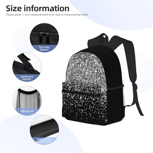 Silver Black Glitter Sparkle Casual Backpack – Lightweight Travel Daypack, Multi-Pocket Laptop Hiking Bag, Durable Polyester Pack For Outdoor Camping Cycling3