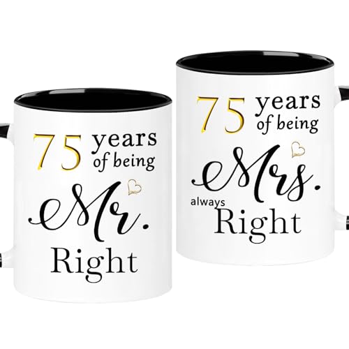 WOSIWULA 75 Year Anniversary Birthday Coffee Mugs Set of 2, 75th Wedding Anniversary Decorations Gifts for Couple Grandparents Parents Women Men Wife Husband Her Him, 75th Birthday Gifts, 11oz