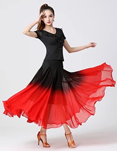 Oridoor Women's Fairy Lyrical Dance Skirt Gradient Color Chiffon Swing Skirt Ballet Modren Dance Costume Dancewear Dance Performance Practice Costumes 01-Red,Black #TOP2
