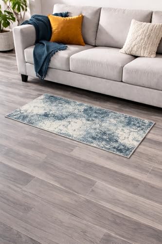 Image of Printed Cotton Carpet for Living Room Size 2x4 feet | Anti-Slip Floor Rug | Washable & Durable | Modern Design Home Decor Color Blue Grey