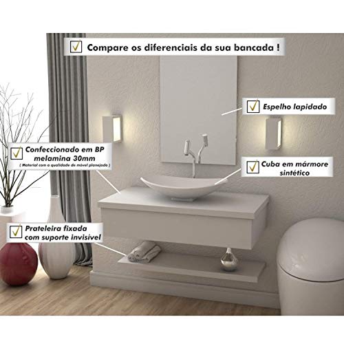 Bancada para Banheiro 80cm com Cuba Canoa L45 Prateleira e Espelheira 806w Metrópole Compace Branco