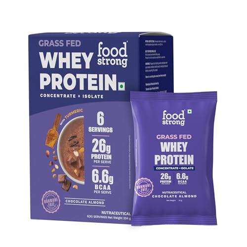 Foodstrong Whey Protein Powder (Concentrate + Isolate), 100% Hormone Free Grass-Fed Whey, 26G Protein & 6.6G BCAA, Chocolate Almond, With Turmeric & Digestive Enzymes, 6 Sachets, 204G
