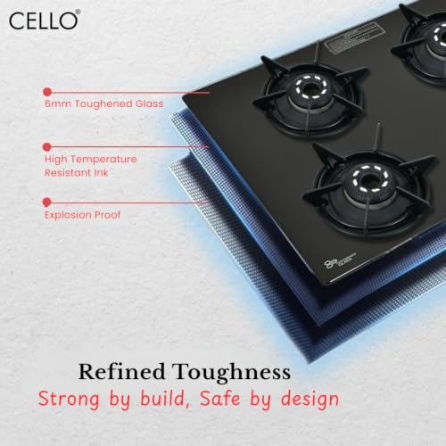 Image of Cello Dezire Plus 4 Burner Gas Stove | 6mm Toughened Glass | Manual Ignition | ISI Certified | Rapid Alloy Burnes | 1 Year Warranty | Hexa Pan Supports