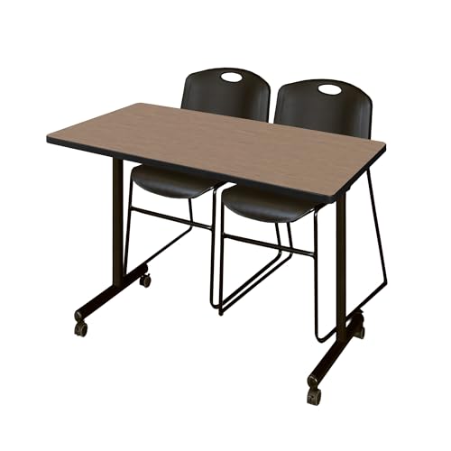 Image of Regency Kobe 48 x 24 in. Mobile T-Base Training Table- Noble Oak, 2 Zeng Stack Chairs- Black