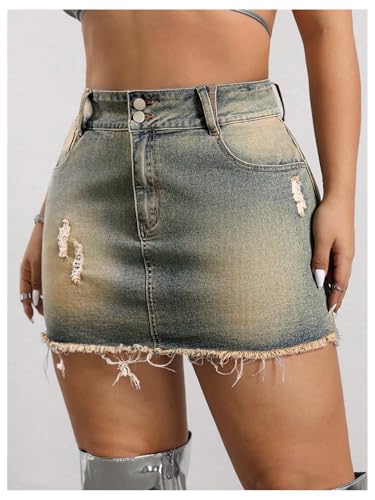 WDIRARA Women's Plus Size Distressed Denim Skirt Frayed High Waist Bodycon Mini Jean Skirts with Pockets4