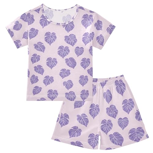 ALAZA Monstera Leaves Pajamas Set Short Sleeve Cotton Sleepwear Summer Pjs 2 Piece 5-14Y