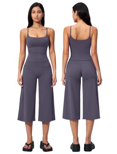 ABOCIW Workout Sets for Women Two Piece Spaghetti StrapsTank Top Matching Wide Leg Capri Gaucho Pants Gym Sets Woman Yoga Pilates Outfits Active Wear Athletic Work Out Clothes Tank Gray Blue Small