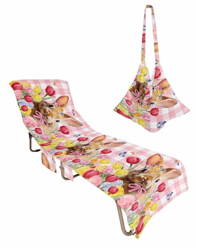 Pink Bunny Easter Beach Lounge Chair Towel Cover, Soft Chaise Lounge Towel with Side Pockets Patio Pool Chairs Cover for Beach/Pool Sunbathing 29x85 Spring Floral Tulip Eggs Butterfly Plaid